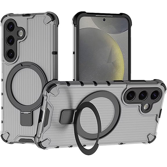 Case for Galaxy S24 Plus,Grating Antiskid [Built-in Kickstand] Magnetic Rotate Ring Holder Heavy Duty TPU PC Shockproof Protect Phone Case for Samsung Galaxy S24 Plus 5G,6.7 Inch 2024 (Gray)