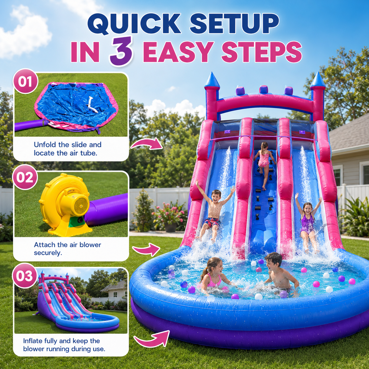 20FT Inflatable Kids Water Slide with Dual Lanes, Climbing Wall & Splash Pool – Backyard Fun for Kids, Fits Up to 6 Children (Purple & Pink)