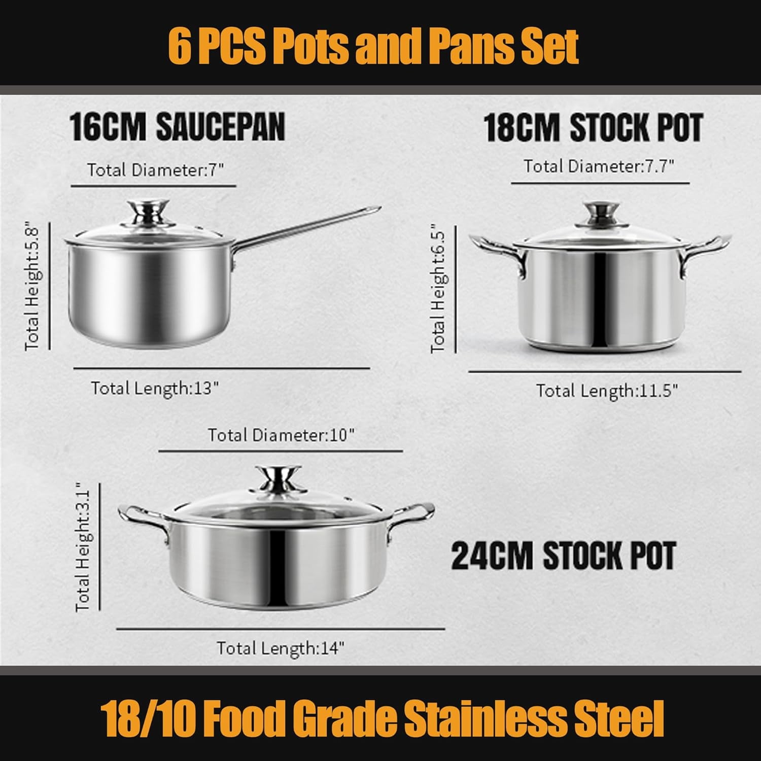 Ensemble Casseroles 6 Pièces Acier Inoxydable - Compatible Induction, Gaz, électrique, Avec Couvercles Verre, 1.9L à 3.5L - 5