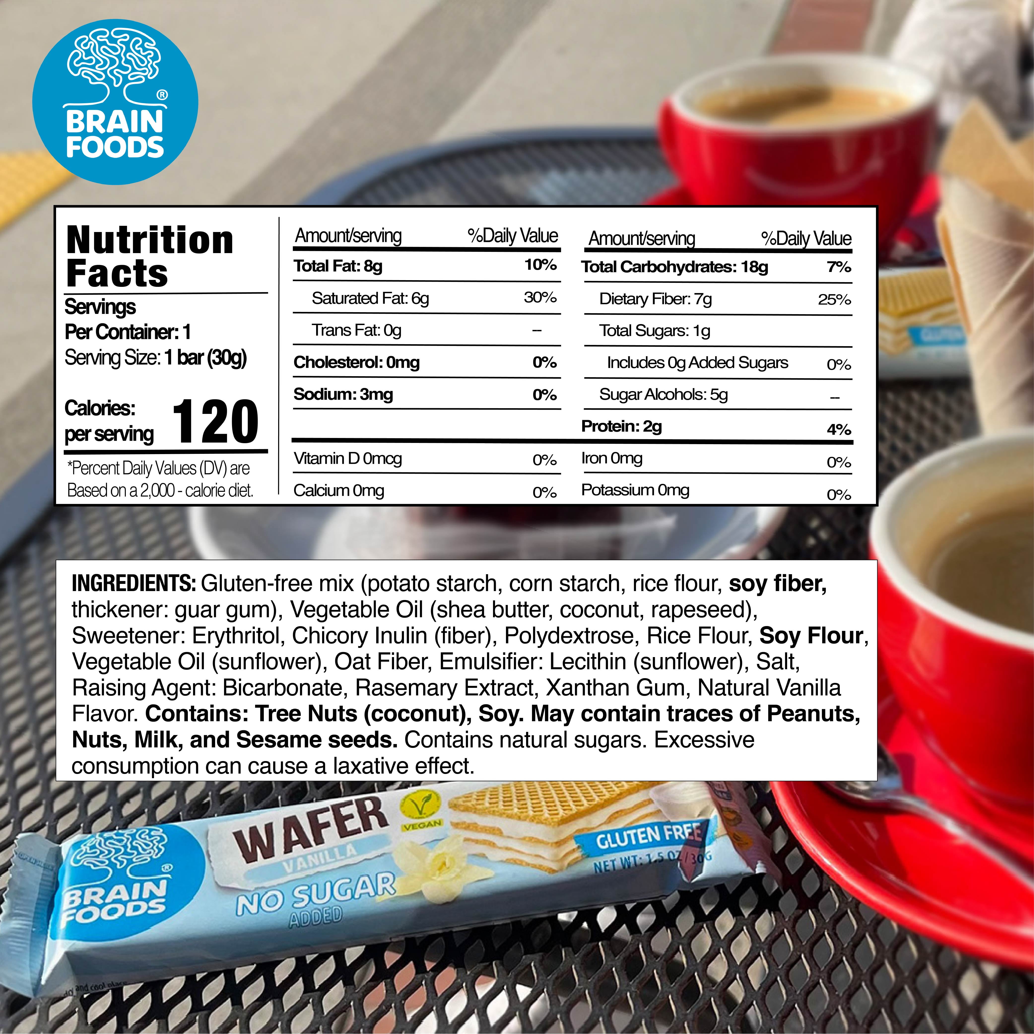 BRAIN FOODS Gluten Free Vegan Vanilla Wafers - 12 Bars, No Sugar Added, High Fiber, No Palm Oil, 1.05oz, 120 Calories, Guilt Free Snack, Natural Vanilla Flavor