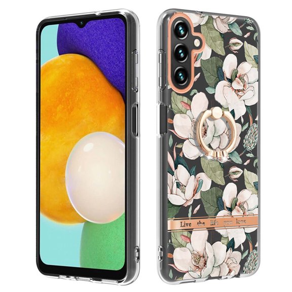 TECH CIRCLE For Galaxy A12 Case,360 Rotatable Flower Pattern Shiny Ring Holder Kickstand Soft TPU Girls Women Case Shockproof Protective Phone Case for Samsung Galaxy A12 6.5" 2021,White