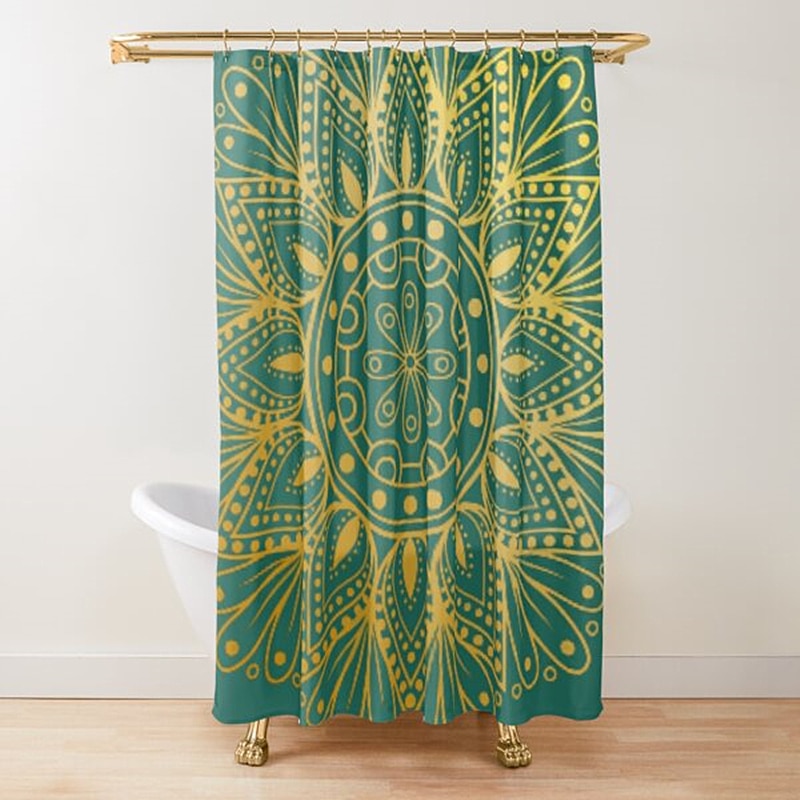 Sapphire＆Jade Stained Glass Mandalas Shower Curtain Mandala Flower Lines Display Artwork Fabric