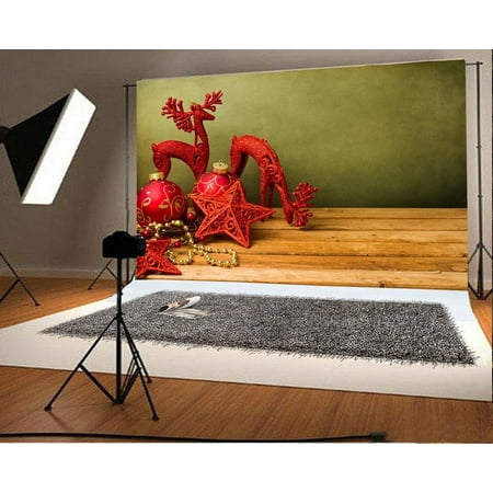 Image of Photography Christmas Backdrop 7x5ft Xmas Stars Balls Decoration Reindeer Ornament Wooden Floor Background Children Baby Kids Shooting Props Video Studio