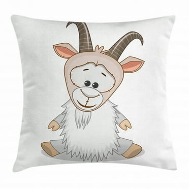 Goat Throw Pillow Cushion Cover, Baby Ibex with Small Hooves Sitting on the Ground in a Cheerful Mood Childish Cartoon, Decorative Square Accent Pillow Case, 20 X 20 Inches, Multicolor, by Ambesonne