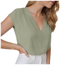GEWSEY Women Tops Cap Sleeve Textured Dressy Casual V Neck Shirts 2025 Summer Business Work Blouses Outfits (Light Green, L)