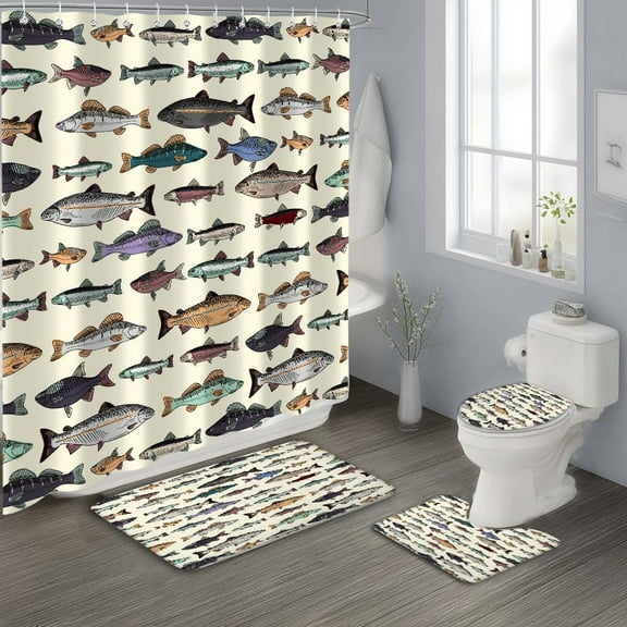4PCS Fish Shower Curtain Sets, Colorful Cartoon Vintage Small Fish Waterproof Bathroom Accessories with Non-Slip Rugs, Toilet Lid Cover Bath Mat and 12 Hooks, Home Decor 72" X 72"