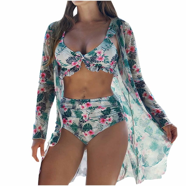 Trajes de Baño de Bikini de Mujer con Correas Impresas V Sexy Split Set de Tres Piezas, Diseño de Corte Alto para la Piscina de Playa Y las Vacaciones de Verano