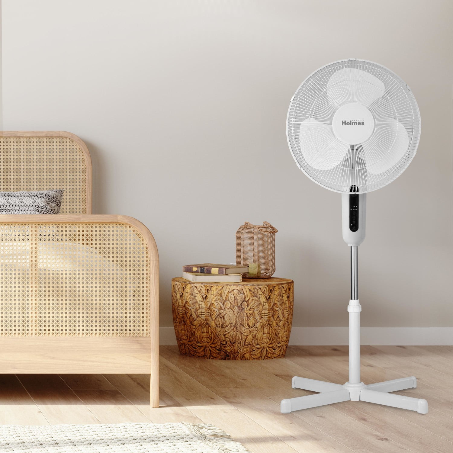 Holmes 16" Digital Stand Fan, 3-Speed, 3 Modes, Oscillating, Timer, Remote, White