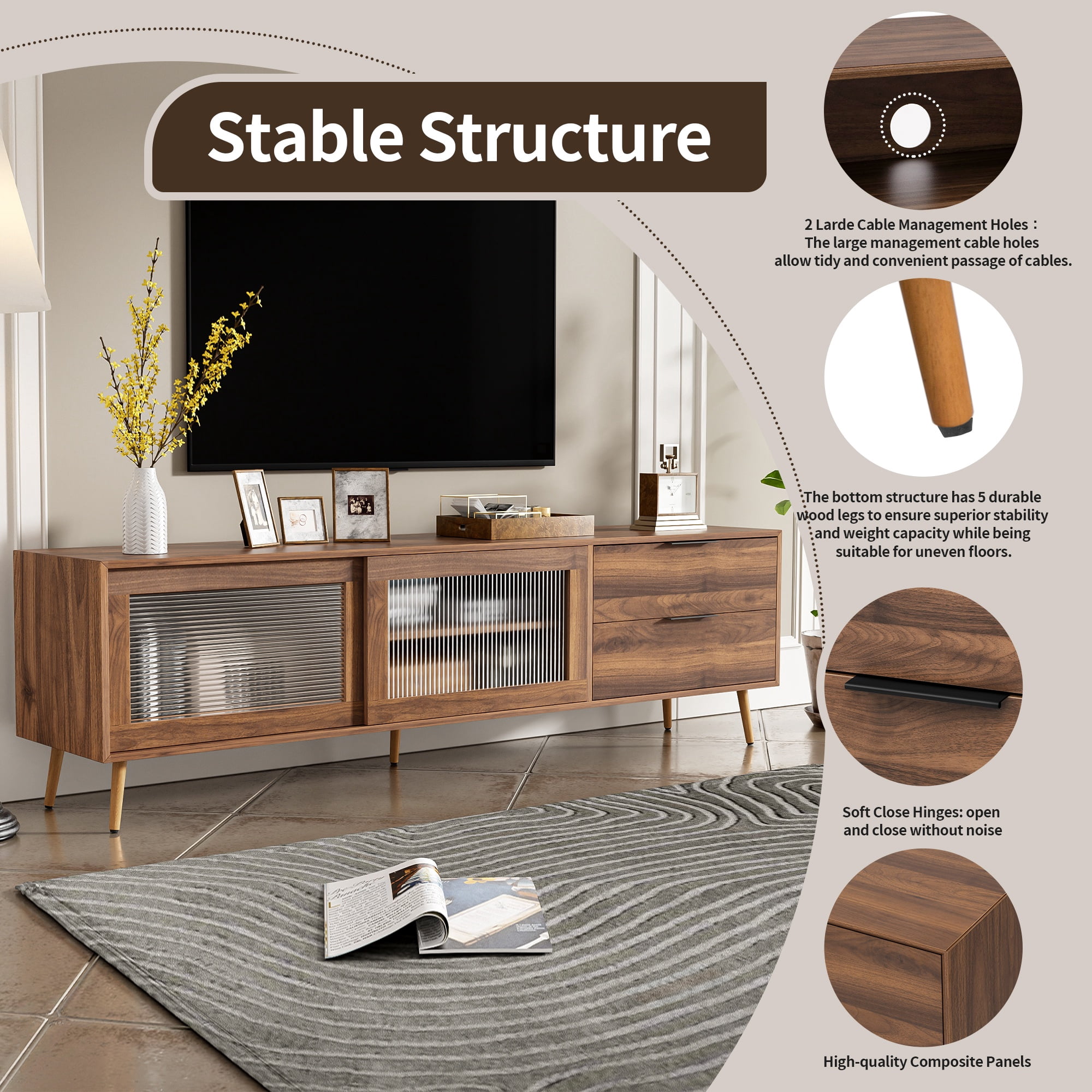 Paproos TV Stand for 75"-80" TV, Modern Entertainment Center with 2 Drawers & Storage Cabinet, 70” Television Stand with 2 Glass Doors, TV Console Table for Living Room, Bedroom, Walnut
