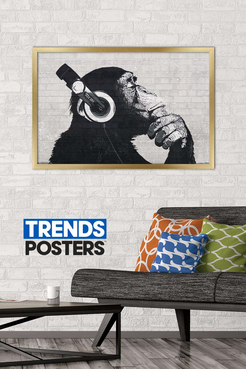 Chimp with Headphones on Wall Wall Poster, 22.375" x 34", Framed