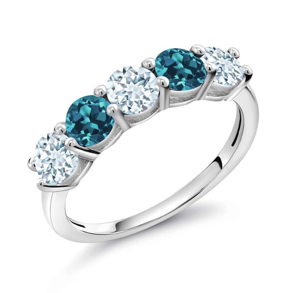Gem Stone King 0.95 Cttw Sky Blue Aquamarine and London Blue Topaz Wedding Band Ring for Women | 925 Sterling Silver | Round 3.5MM | Gemstone Birthstone | Wedding Engagement Anniversary Ring | Size 6