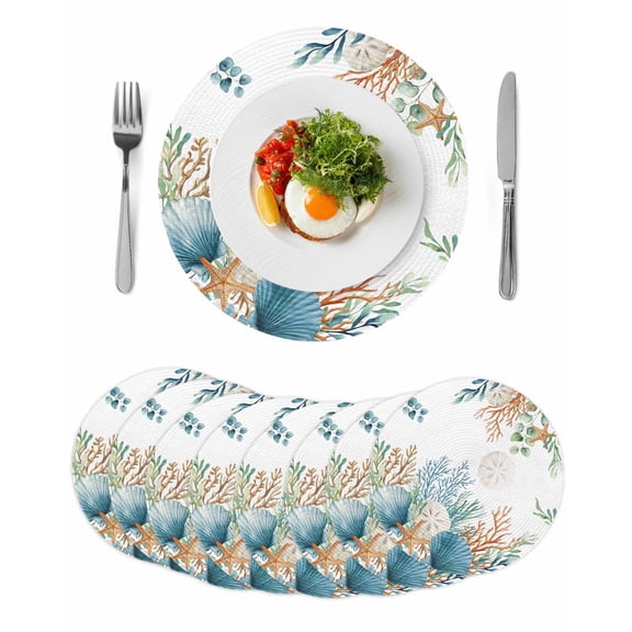 Beach Coastal Round 15 Inch Placemats Set of 8, Summer Nautical Coral Shell Botanical HeatResistant Non Slip Place Mats for Dining Table, Wipeable Braided Kitchen Table Mats for Housewarming