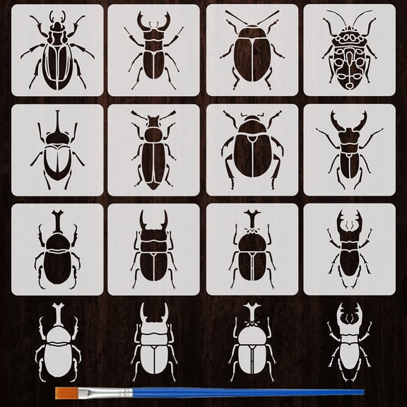 12 Pcs Beetle Painting Stencil with Brush 5.9x5.9 Inch 12 Different Beetle Pattern Drawing Template DIY Art Decoration Animal Stencil