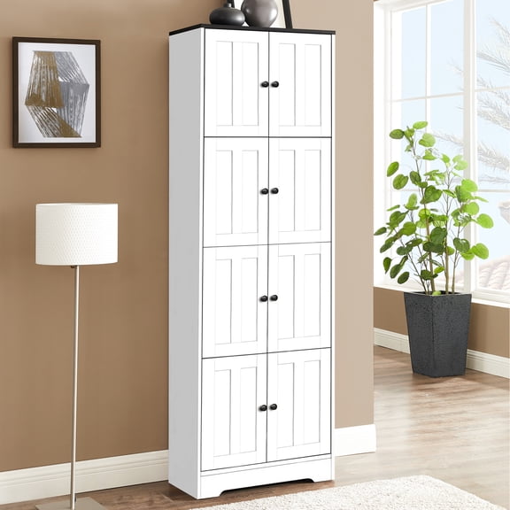 8 Doors 4 Shelves Tall Storage Cabinet In White For Closet - Large Capacity With And Homes Living Room, Bedroom, Bathroom, Kitchen, Office
