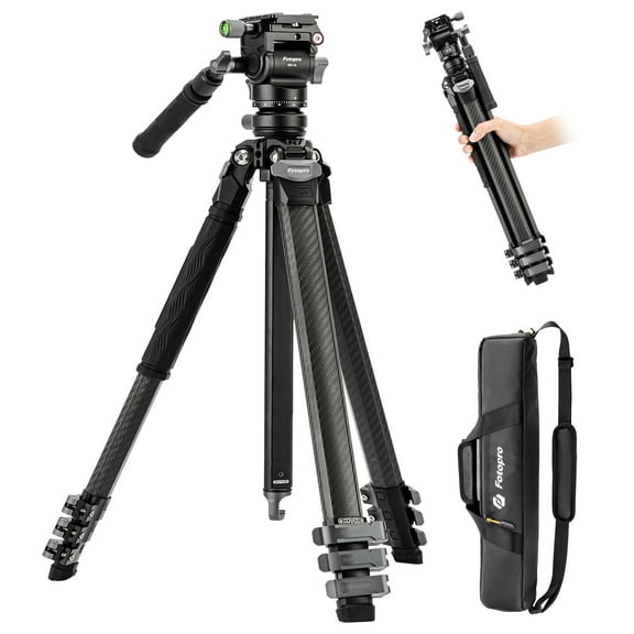Fotopro Origin Video Tripod, Compact 60" Carbon Fiber Camera Tripod for Travel, Fluid Video Head with Quick Release Plate for SLR, Black
