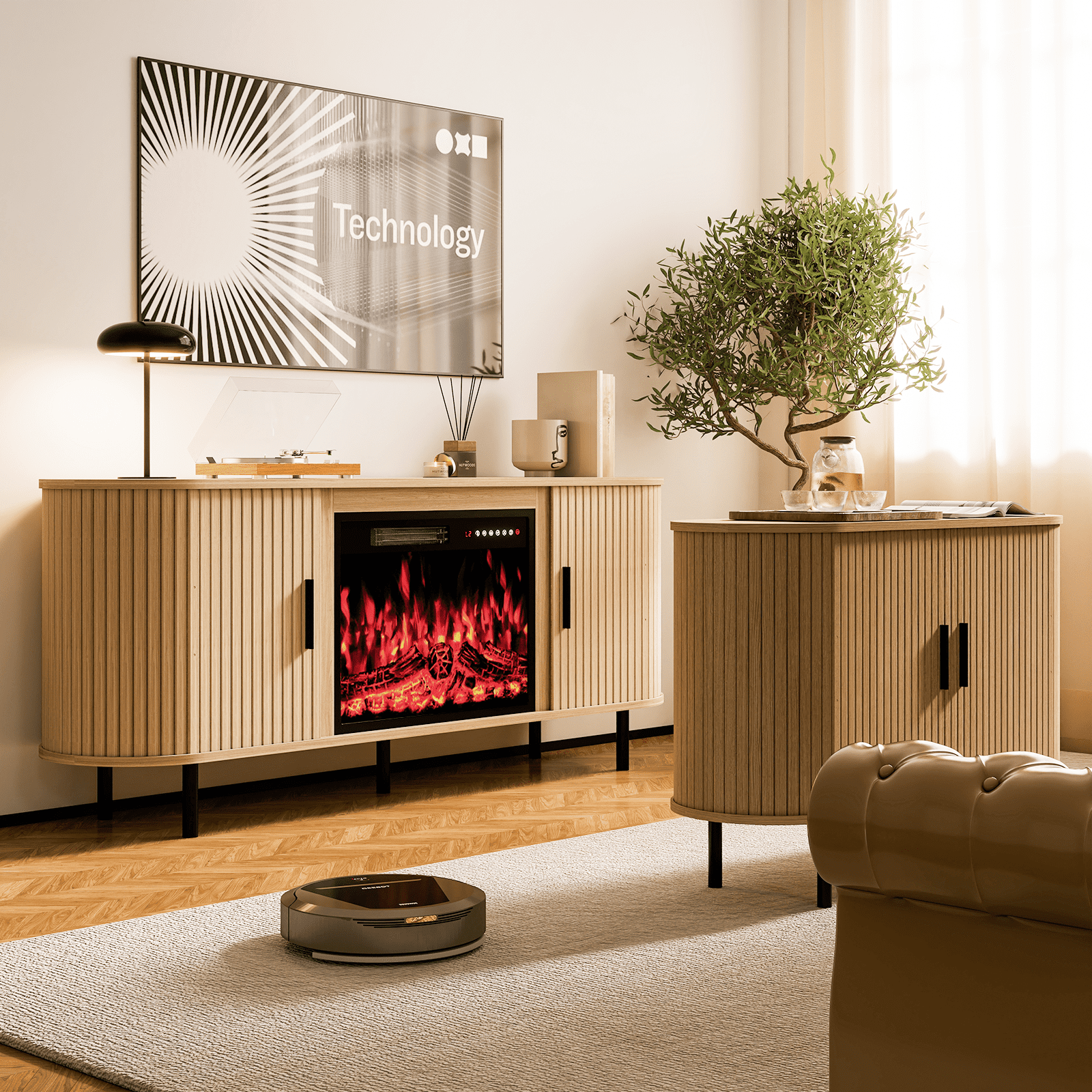 Rocyis 65" Modern Fireplace TV Stand for TVs Up to 75'', Fluted Entertainment Center with Electric Fireplace, Media Console Cabinet for Living Room, Natural Oak