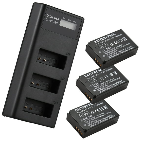 -e12 LP-E12 Battery Charger 3-Slot Charger With LED Indicators Micro USB & Type C Port   3pcs LP-E12 Batteries 7.2V 1250mAh Compatible With   M50/M50