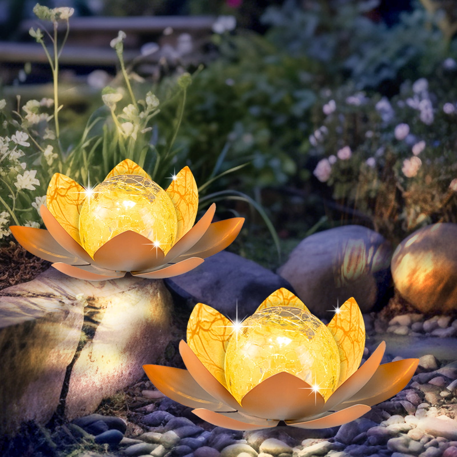 Waitmin Solar Powered LED Garden Light Crackle Glass Pink Lotus