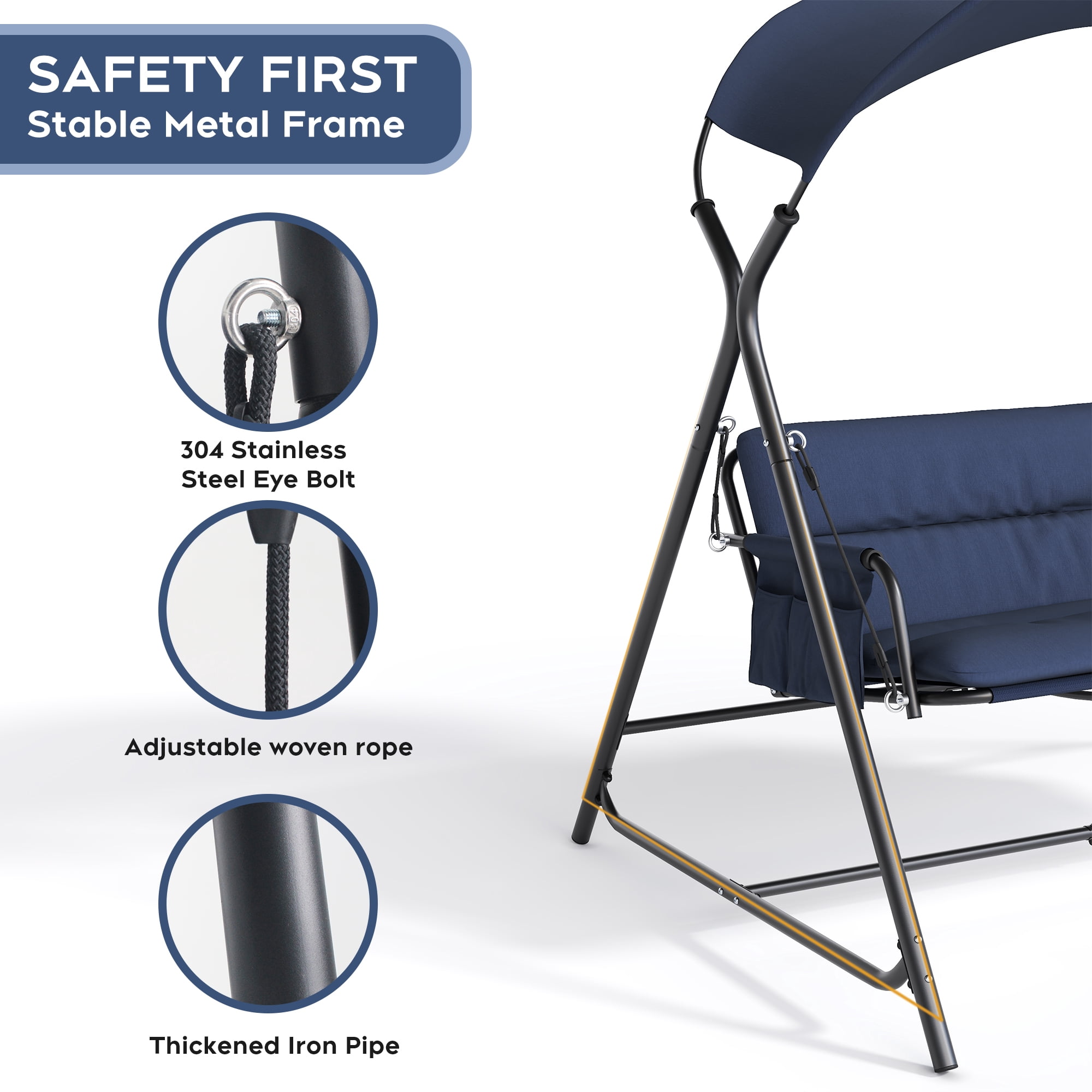 3-Person Outdoor Patio Swing Chair, Heavy-Duty Metal Frame Garden Porch Swing with Cushion