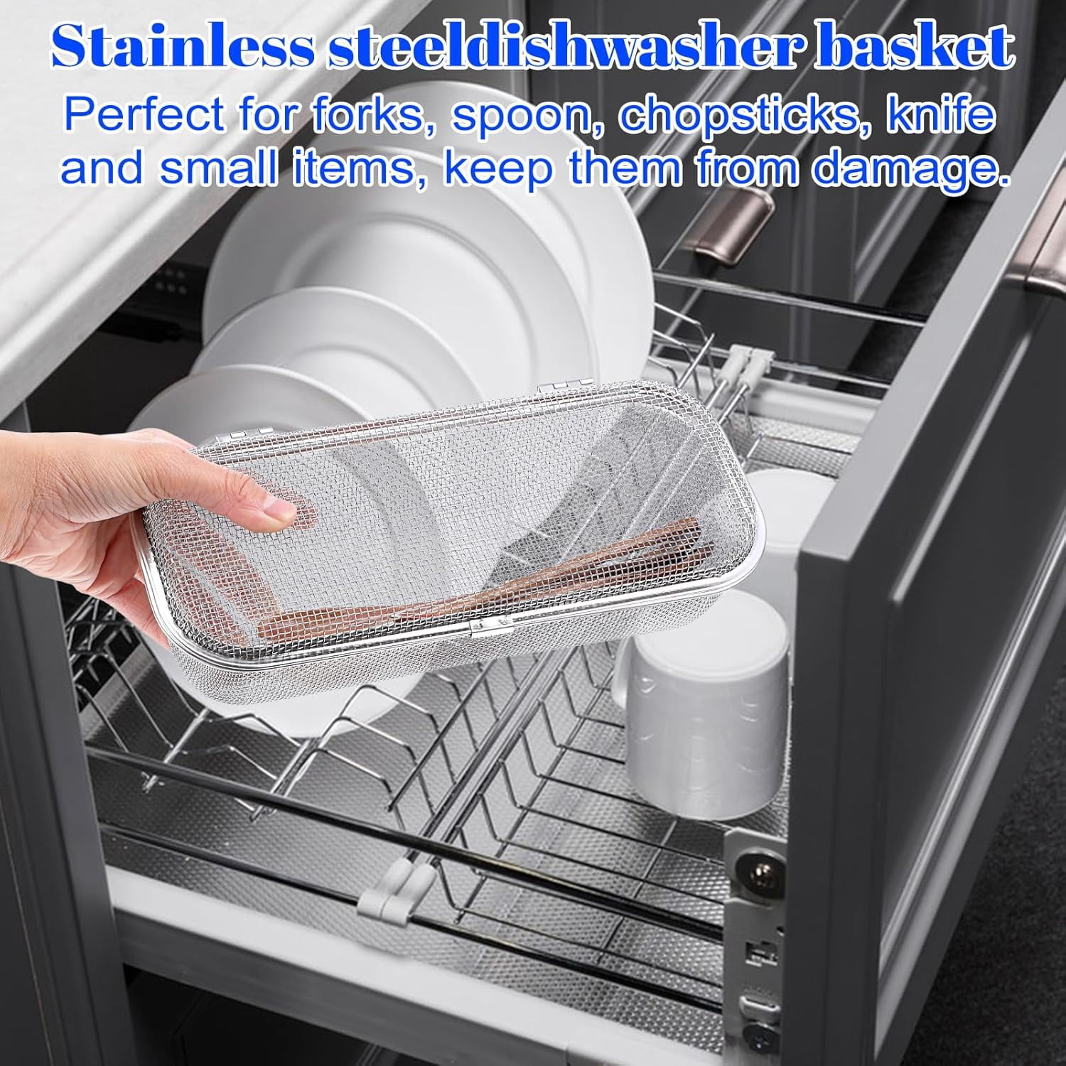 ABPETE Dishwasher Chopstick Basket for Small Items, Stainless Steel Utensil Holder for Dishwasher with Mesh Design, Replacement Silverware Organizer (10.4" L x 4.5" W x 3" H)