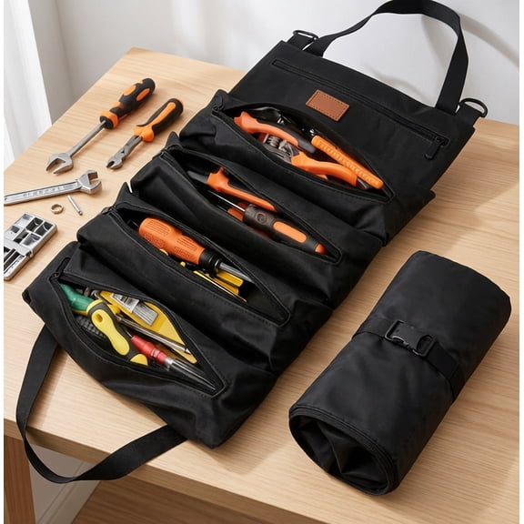 ROSOZ Roll Up Tool Bag, Heavy Duty Waterproof Oxford Cloth Tool Organizer, Portable Zipper Pouch for Mechanic Electrician Repairman DIY Enthusiasts