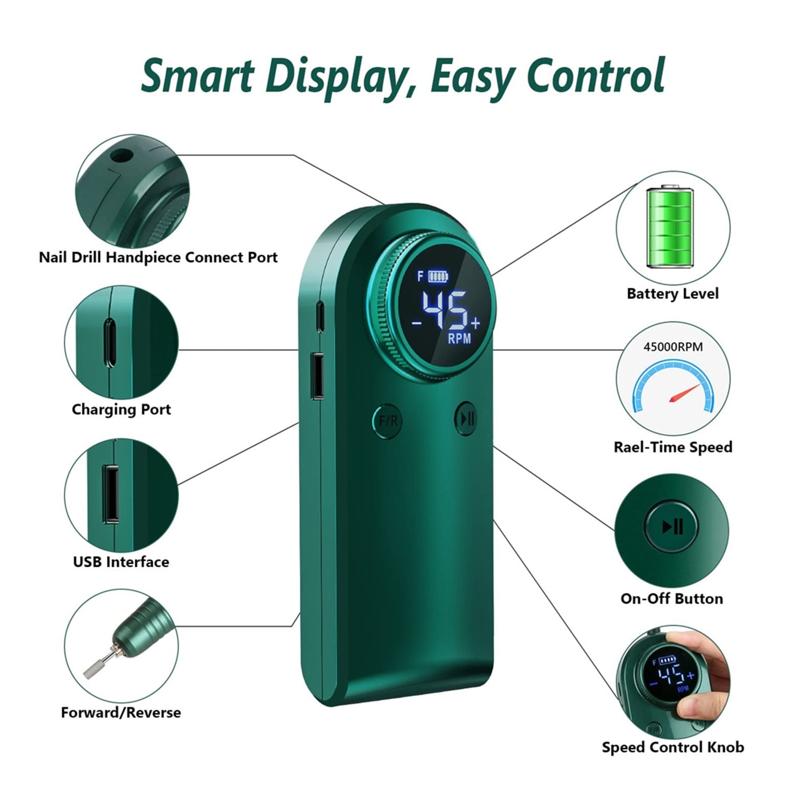 45000 RPM Electric Nail Drill Machine Rechargeable Nail Filer For Acrylic Nail Gel Nails Manicure Pedicure Polishing Shape Tools ,Quality Torque