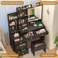 thumbnail image 5 of Vanity Desk with Mirror and LED Lights, Makeup Vanity with Charging Station and Stool, Dressing Table with Multiple Shelves and Drawers, Makeup Desk with 3 LED Light Models for Bedroom, Black, 5 of 7