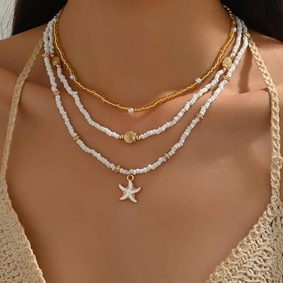 3 Pcs Layered Starfish Pendant Necklace Set, Bohemian Summer Beach Choker, Vacation Jewelry Gift for Women