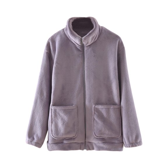 Oalirro Women's Pajamas Top Fleece Jacket Full-Zip Winter Solid Color Coat Outwear Sleepwear Home Clothes for Women