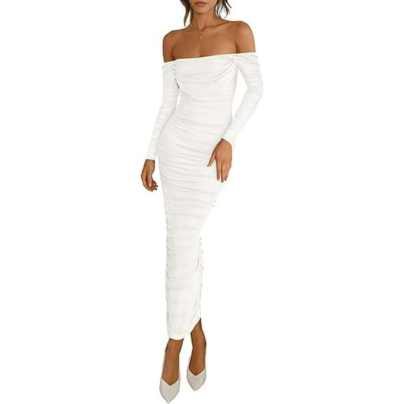 PRETTYGARDEN Womens Fall Long Sleeve Maxi Dress Off Shoulder Mesh Ruched Bodycon Trendy Long Wedding Guest Dresses
