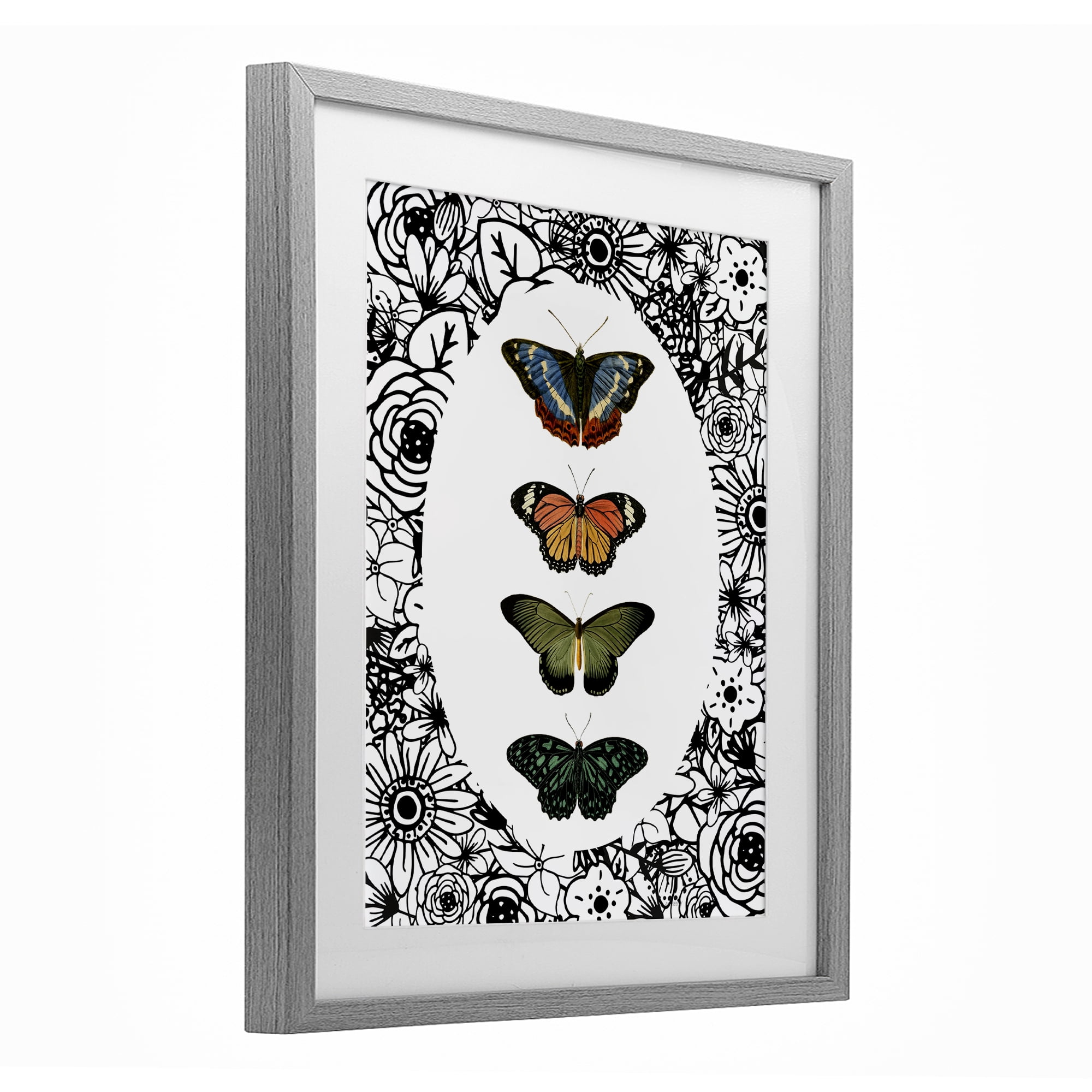 Stupell Industries Floral Border Butterfly Lineup Gray Framed Print Under Glass, design by Dan Meneely
