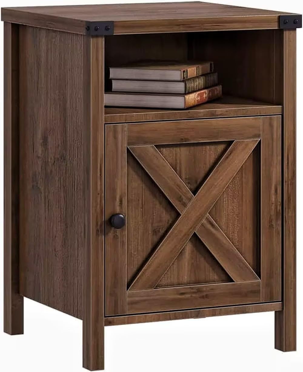 4 EVER WINNER Farmhouse Barn Door Side Table, Rustic Oak End Table with Barn Door Storage, Industrial Side Table for Living Room