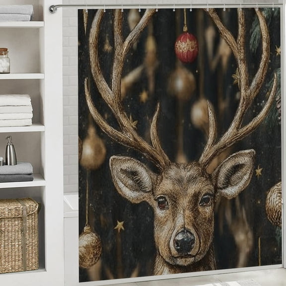Christmas Shower Curtain, Cute Reindeer Christmas Curtain with Hooks for Home Bathroom Decor Washable Curtains, 72x72 in