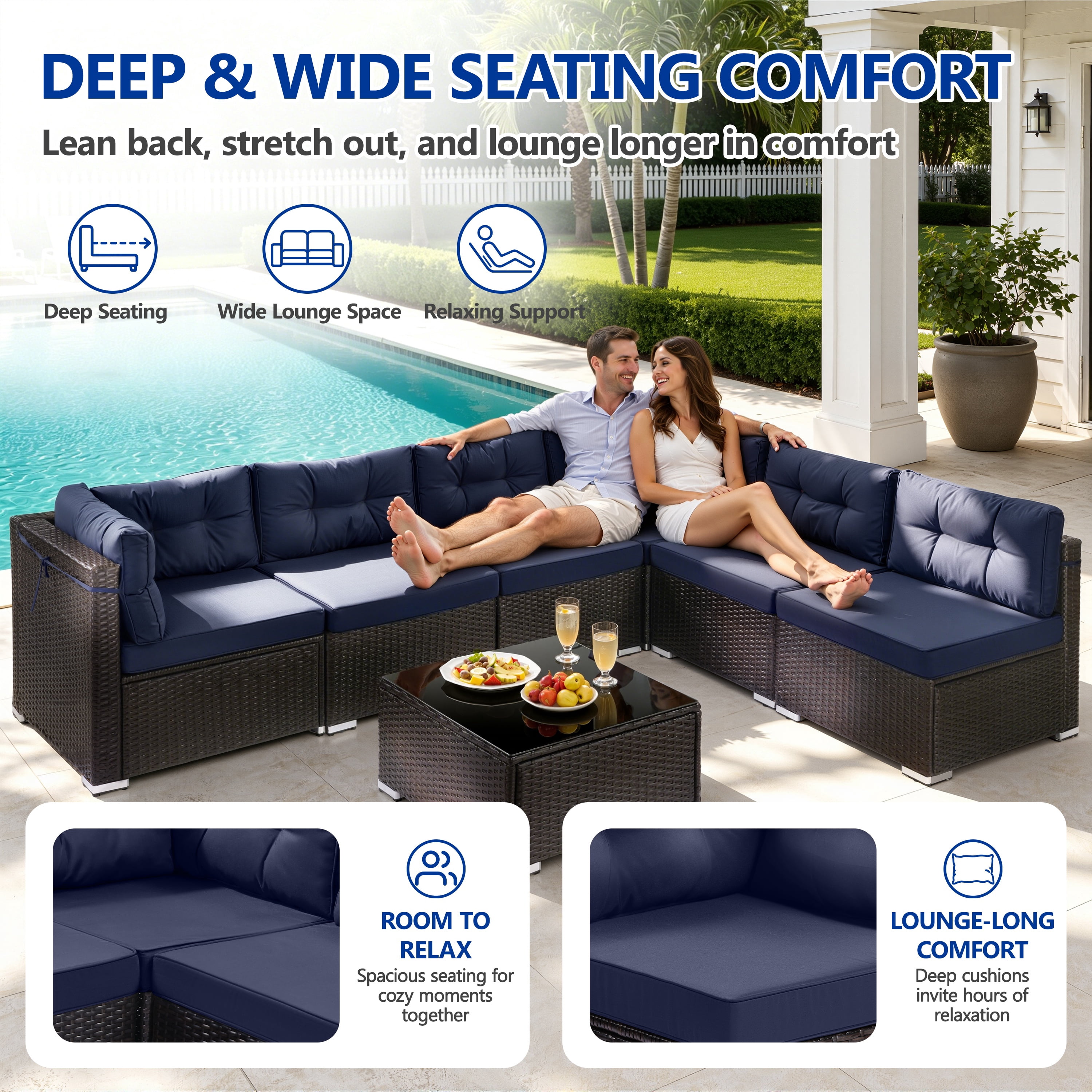 7 Piece Rattan Sectional Sofa Set, Outdoor Conversation Set, All-Weather Wicker Sectional Seating Group with Cushions & Coffee Table, Morden Furniture Couch Set for Patio Deck Garden Pool