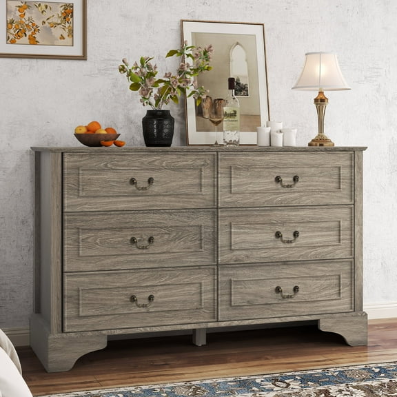 6-Drawer Farmhouse Dresser – 47" Wide Rustic Wood Dresser with Natural Texture, Vintage Grey Design, Stylish Storage for Bedroom or Living Room
