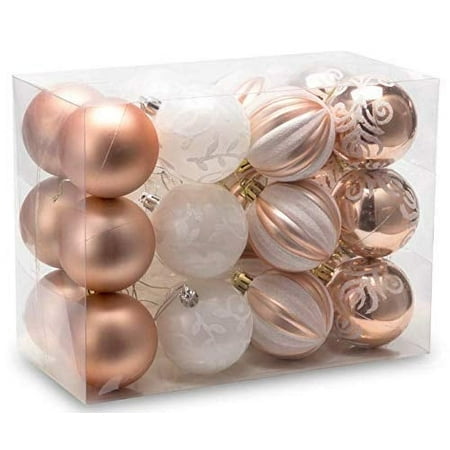 Auxo-Fun 2.36""/60Mm Shatterproof Christmas Ball Ornaments Tree Decoration Baubles Set Of 24 Counts (Rose Gold & White)