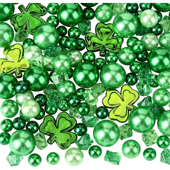 138Pcs St Patricks Day Vase Filler Green Floating Beads No Hole Acrylic Pearl Beads Float Shamrock Decorations
