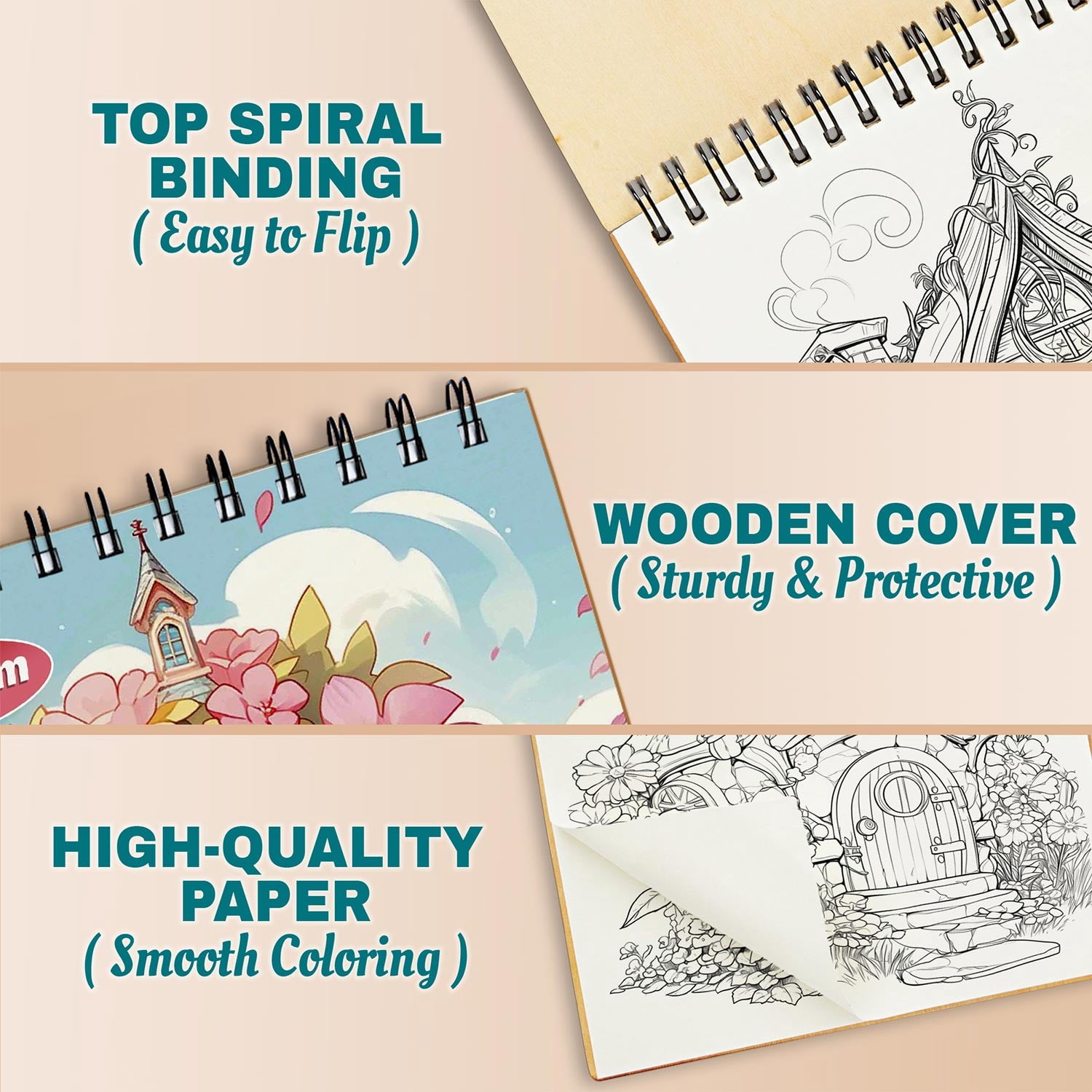 Netecom Flower Fairy House Coloring Book for Adults, A5 Wooden Cover, Spiral Bound Edition, 30 Delightful Coloring Pages of Fairy Garden for Stress Relief and Relaxation