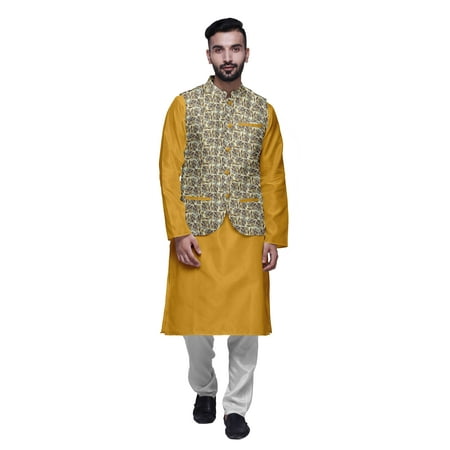 

Atasi Mandarin Collar Traditional Solid Kurta Pajama With Printed Jacket Set