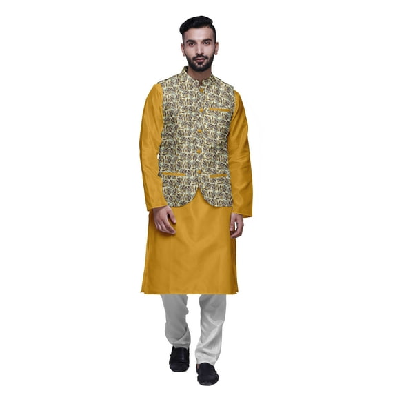 Atasi Ethnic Kurta Churidar Pajama Set With Printed Nehru Jacket Set For Mens