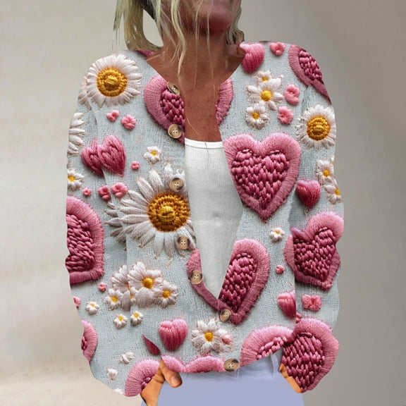 2025 Clearance, Womens Valentines Day Cute Heart Cardigan Sweaters Chunky Open Front Knit Button Crewneck Long Sleeve Sweater 2025, Women's Pullover Sweaters, DEU7146