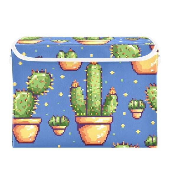 Cactus Pixel Style Foldable Storage Bin with Lid and Handle Collapsible Storage Box 16.5 x 12.6 x 11.8 inches