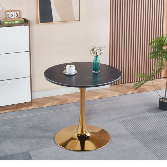 Mintazer 31.8" Round Dining Table Top Tulip Table for 4-6 People, Mid-Century MDF Kitchen Table for Dining Room, Black&Gold