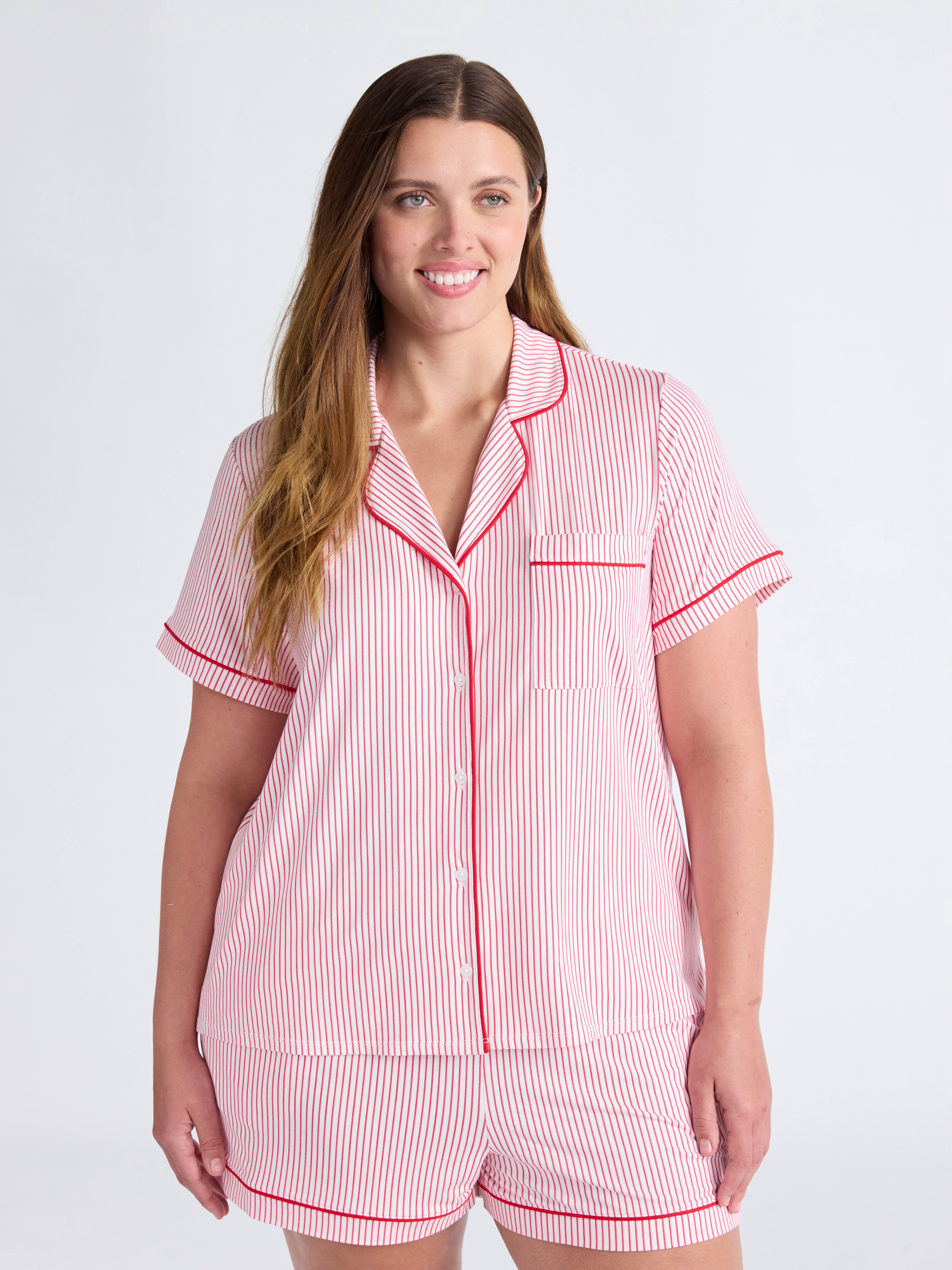 Joyspun Women’s Dreamy Soft Collection Notch Collar Knit Top and Boxer Shorts Pajama Set, Sizes XS-3X