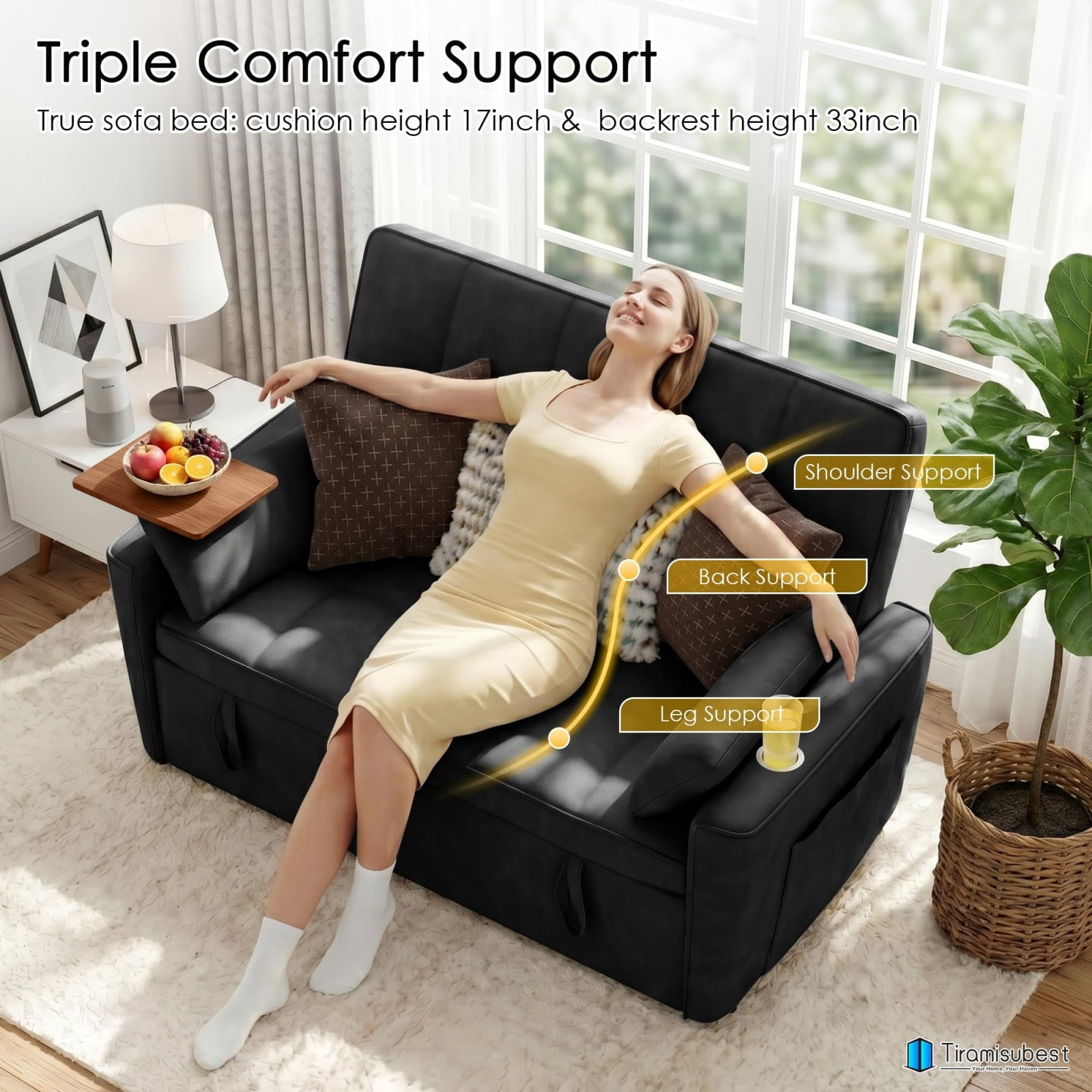 54" Sleeper Sofa Bed, Convertible Pull Out Couch Futon with Side Table, USB Ports, Cup Holder, Adjustable Backrest, Velvet Sofa Bed for Living Room Apartment, Black
