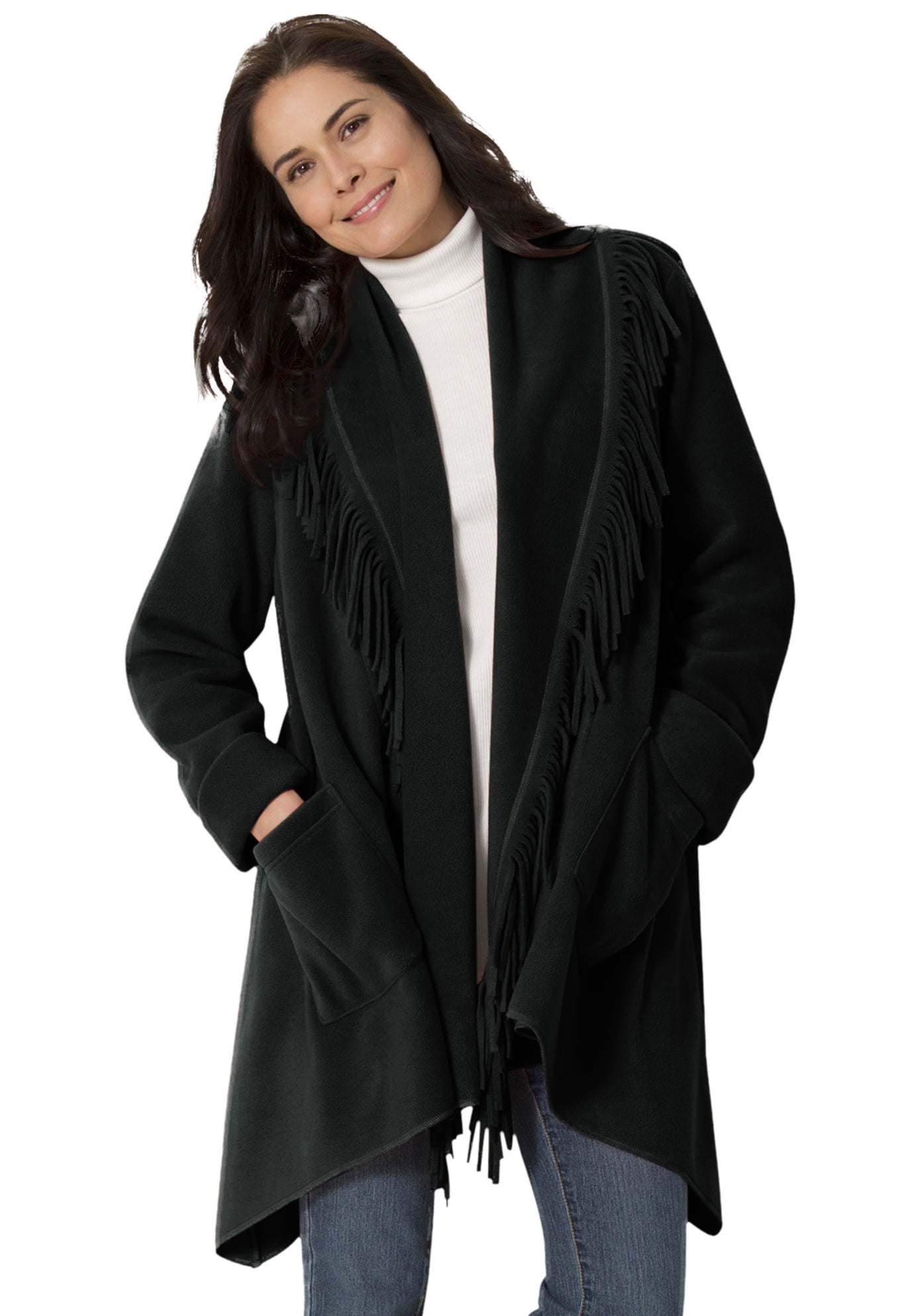 Woman Within Women's Plus Size Fringed Shawl Collar Fleece Jacket 4X