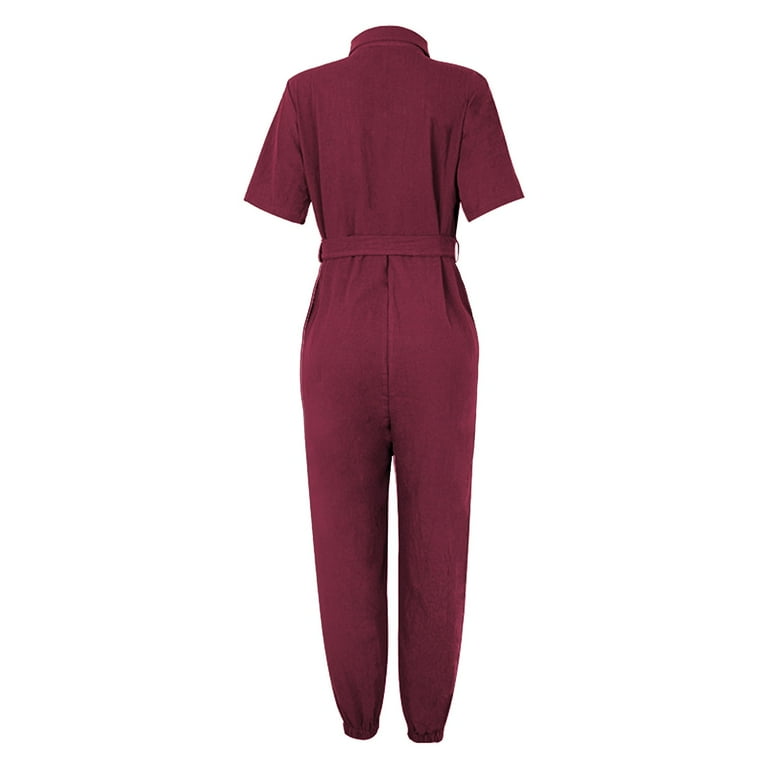 Aayomet Dressy Jumpsuits for Women Women s Short Sleeve Collared Cropped Coverall Button Down Tie Waist Cotton Cargo Jumpsuit Red S