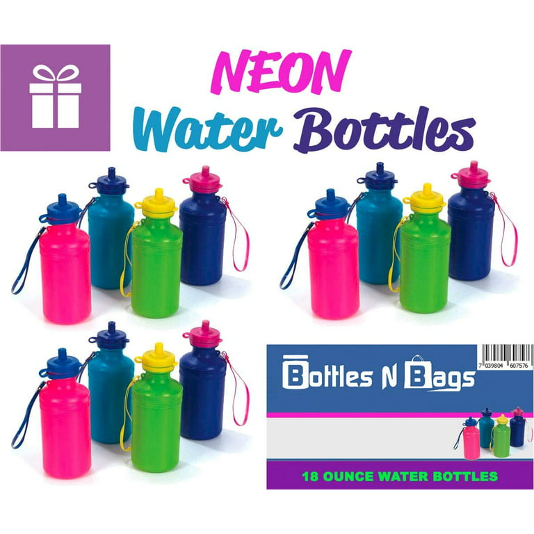 24 Neon Water Sports Bottles for Bikes, Bulk Pack, 7.5 inches, Wrist Strap, Awesome Summer Beach Accessory