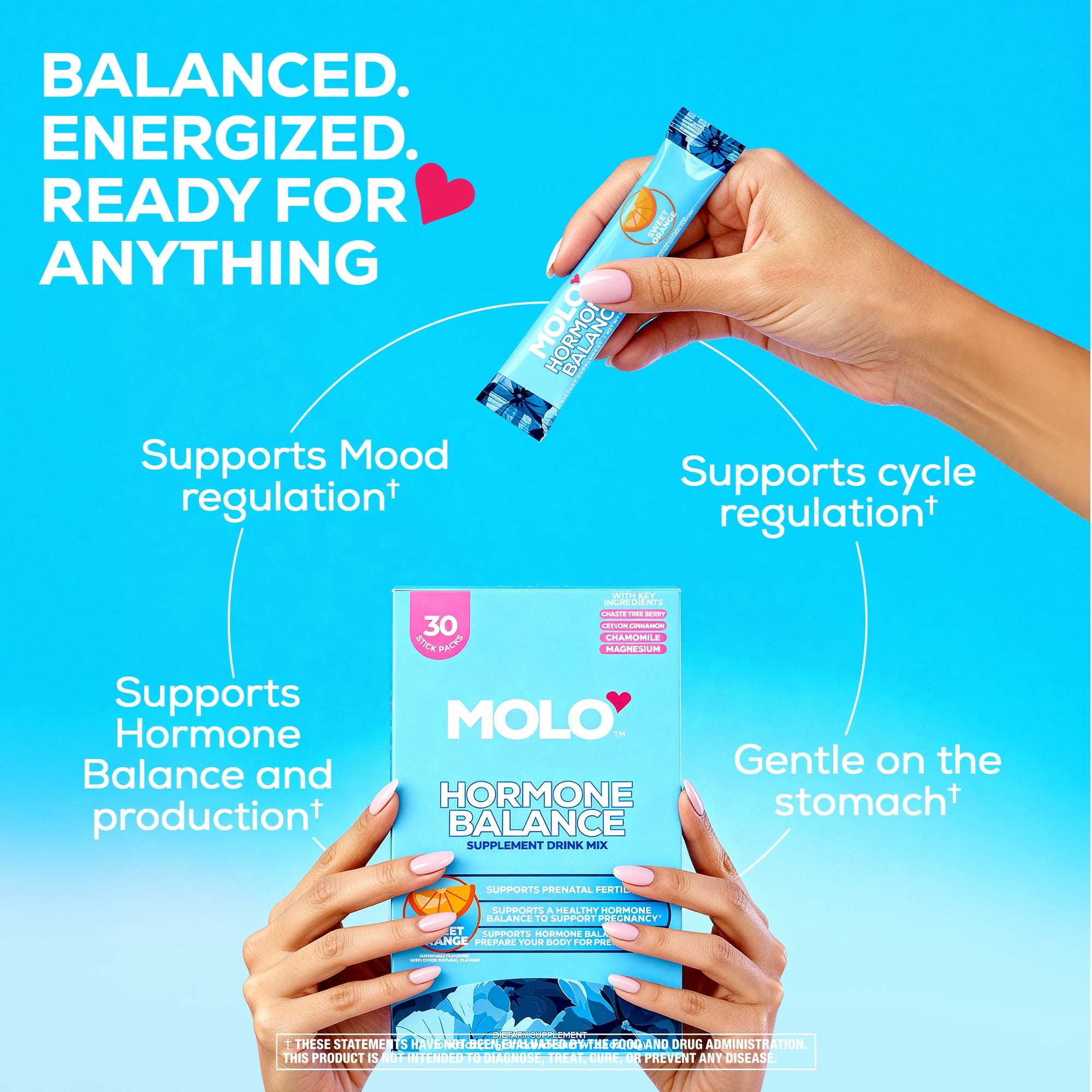 Molo Hormonal Balance Supplement Drink Mix, Mood Support and Cycle Regulation, Sweet Orange, 30 pack