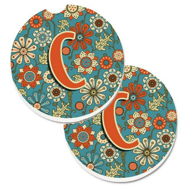 Carolines Treasures CJ2012-CCARC Lettre C Fleurs Rétro Bleu Ensemble de 2 Tasses Porte-Auto Sous-Verre